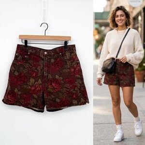 Vintage 90s Halston Jeanswear High Waisted Floral Tapestry Style Shorts | 14